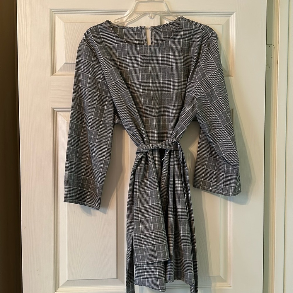 SHEIN gray plaid blouse with adjustable belt